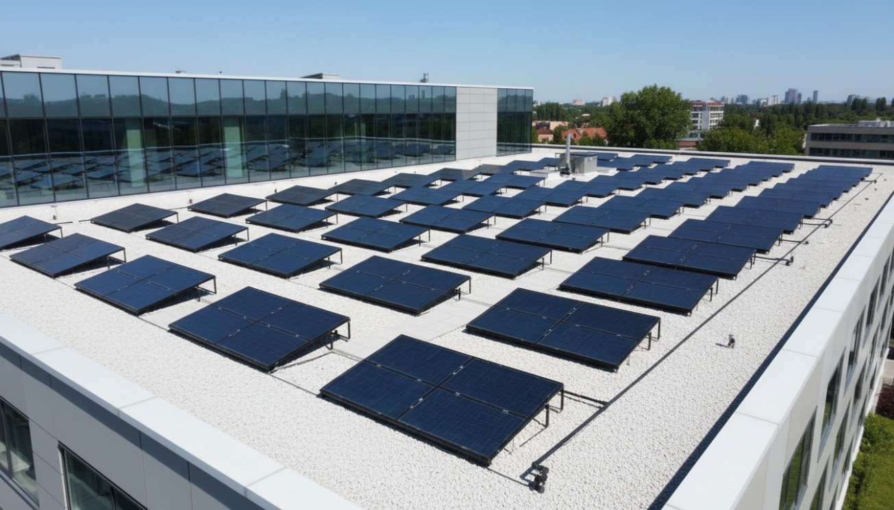 Commercial flat plate solar collector array installed on a large building roof for centralized solar hot water and organized project layout